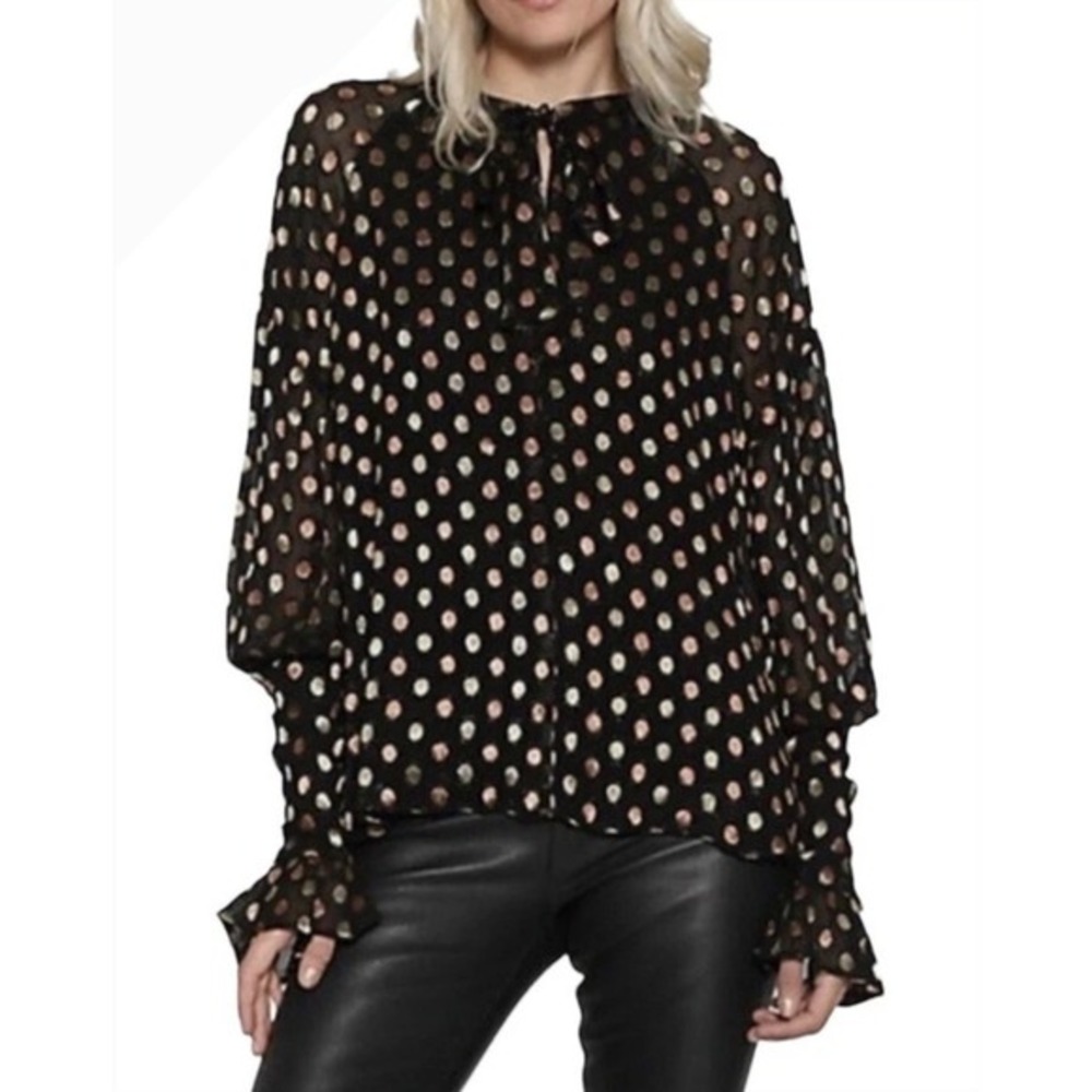 Walter Baker Metallic Polka Dot Blouse Black Gold Rose Gold Tie Neck XS